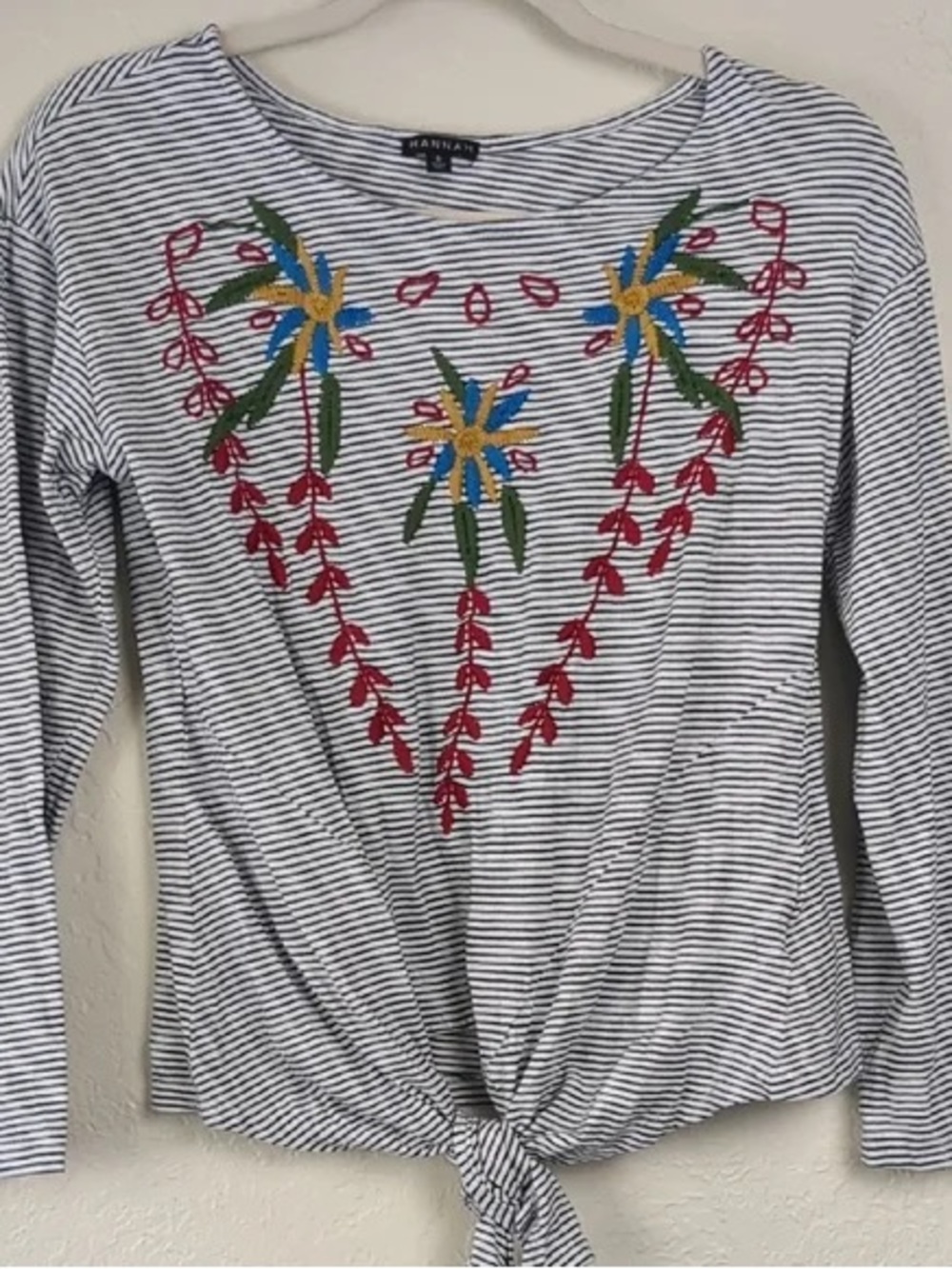 Hannah Striped Long Sleeve Tie-Front Top with Multicolor Floral Embroidery